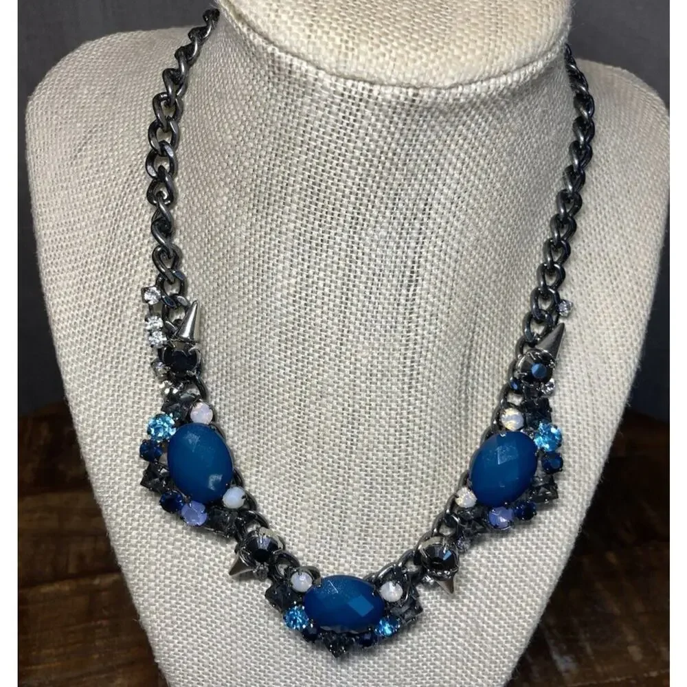 Express Women's Statement Necklace Blue Stones Studs Y2K